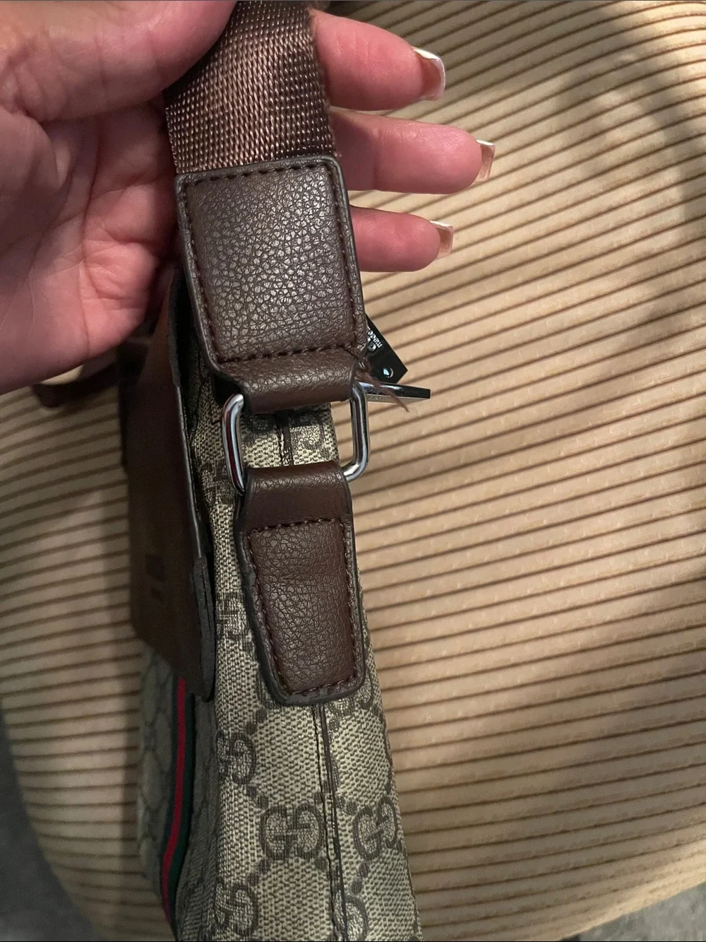 Gucci Brown GG Supreme Messenger Bag with Red-Blue Web Stripe